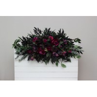 Purple, black, magenta, and green flower arrangement for a Halloween or Gothic wedding. Floral arch top decor, archway flowers. 5370