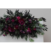Purple, black, magenta, and green flower arrangement for a Halloween or Gothic wedding. Floral arch top decor, archway flowers. 5370