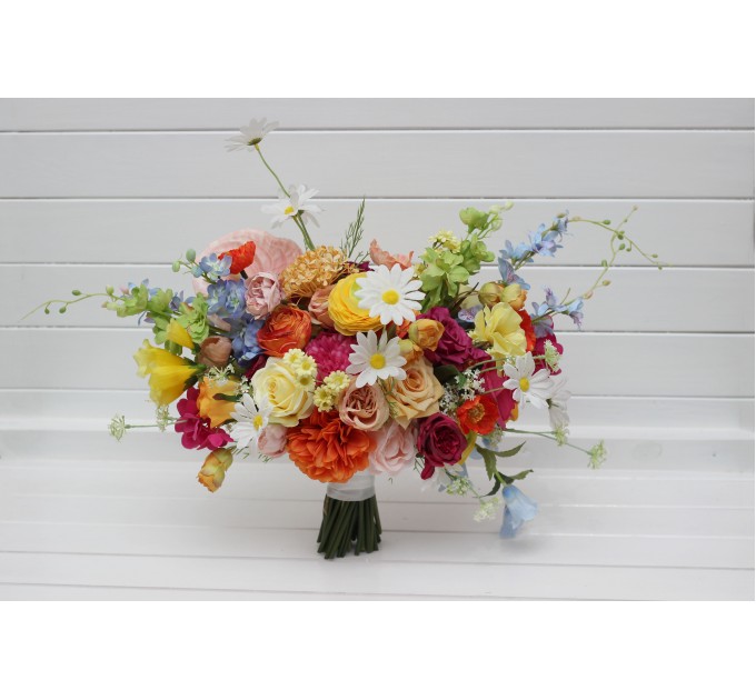 Bright Orange, Magenta, Pink & Yellow Bridal Bouquet | Summer Wildflower Faux Wedding Flowers