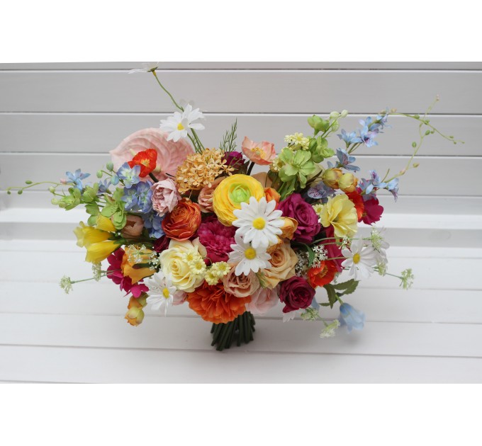 Bright Orange, Magenta, Pink & Yellow Bridal Bouquet | Summer Wildflower Faux Wedding Flowers