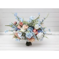 Peach white dusty blue bouquet for summer wedding Wildflowers pastel faux bridal bouquet.  5402
