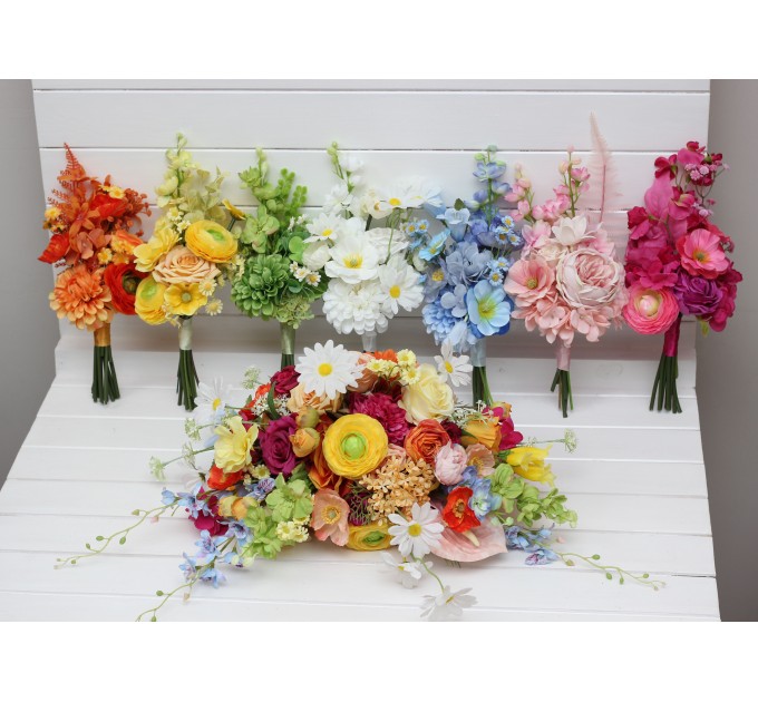 Orange, Magenta, Pink, Yellow, Dusty Blue & Green Bridesmaid Bouquet | Summer Wildflower Faux Wedding Flowers
