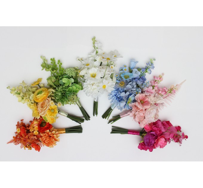 Orange, Magenta, Pink, Yellow, Dusty Blue & Green Bridesmaid Bouquet | Summer Wildflower Faux Wedding Flowers