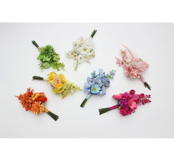 Orange, Magenta, Pink, Yellow, Dusty Blue & Green Bridesmaid Bouquet | Summer Wildflower Faux Wedding Flowers
