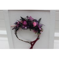 Purple fuchsia candy pink flower crown. Hair wreath for a flower girl. Gothic Halloween wedding.  5228
