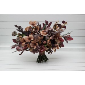 Boho protea faux bouquet. Purple brown beige mocha mauve bridal flowers.  Silk flowers for a fall wedding. 5403
