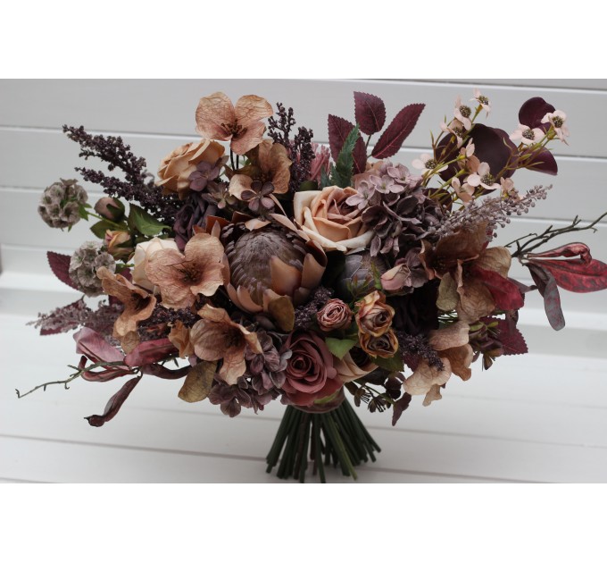 Boho Protea Bridal Bouquet | Faux Purple, Brown & Mauve Flowers for Fall Weddings