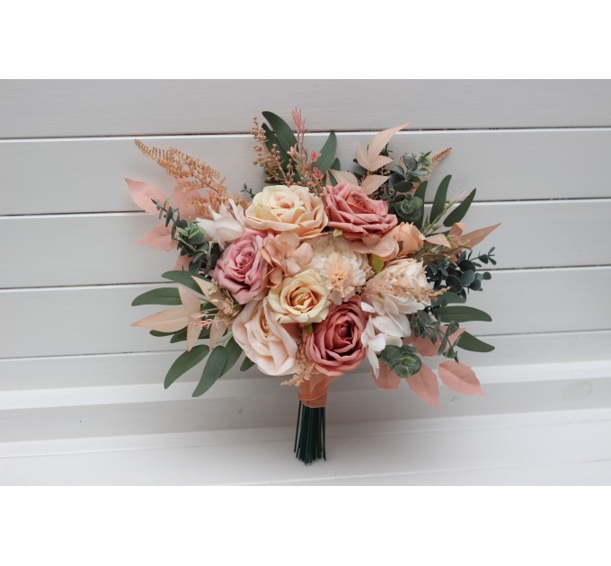 Cascading Boho Bridal Bouquet in Dusty Rose, Peach & Ivory | Faux Fall Wedding Flowers