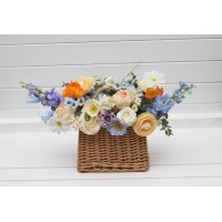 Bridesmaid basket with peach orange dusty blue ivory lilac flowers for farmer or garden wedding. Colorful wildflowers. Daisy poppy alternative bouquet. 5364
