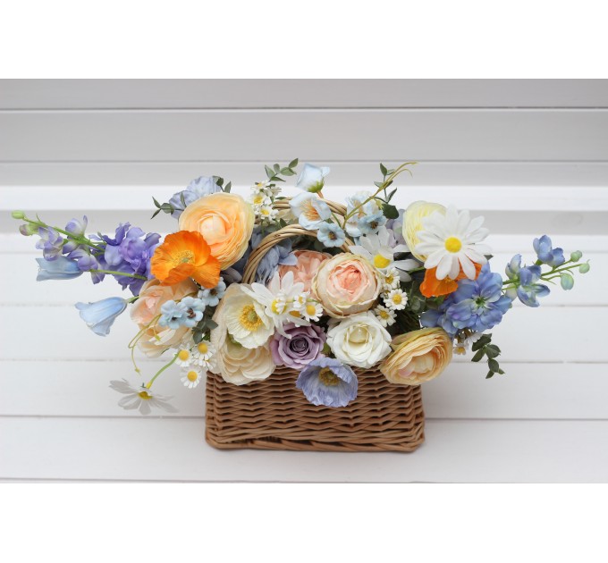 Bridesmaid Basket with Peach, Orange, Dusty Blue, Ivory, Lilac Flowers | Wildflower Wedding Bouquet