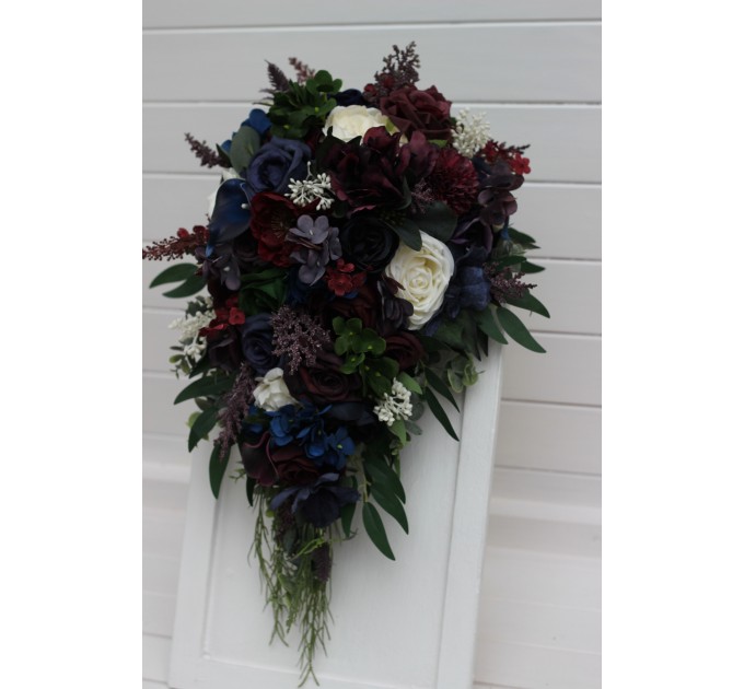 Purple, Ivory, Emerald, Burgundy & Navy Blue Cascading Bridal Bouquet in Dramatic Wedding Tones