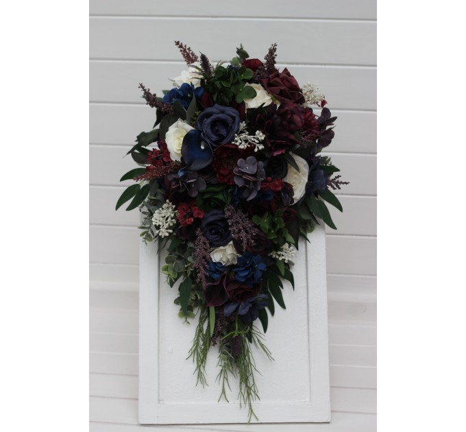 Purple, Ivory, Emerald, Burgundy & Navy Blue Cascading Bridal Bouquet in Dramatic Wedding Tones