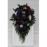 Purple ivory emerald burgundy navy blue bridal bouquet. Cascading artificial flower bouquet in dark and dramatic wedding colors. 5407