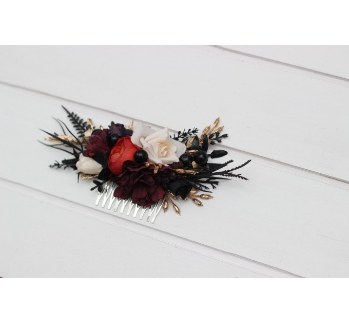 Flower Comb in Black, Rust & Gold Color Scheme | Bridal and Bridesmaid Floral Comb for Gothic Wedding