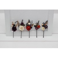  Set of  5  bobby pins in black gold purple ivory rust color scheme. Flower hair pins. Bridesmaid gift.  5014