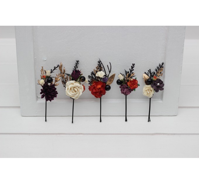 Set of 5 Bobby Pins in Black, Gold, Purple, Ivory & Rust Color Scheme | Flower Hair Pins for Bridesmaids