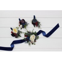  Wedding boutonnieres and wrist corsage  in purple ivory emerald burgundy navy blue color scheme. Flower accessories. 5407