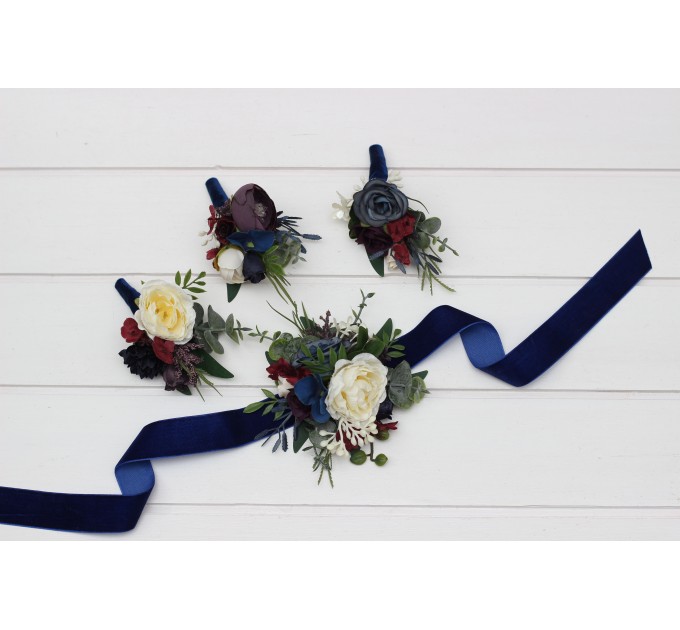 Wedding Boutonnieres and Wrist Corsage in Purple, Ivory, Emerald, Burgundy & Navy Blue