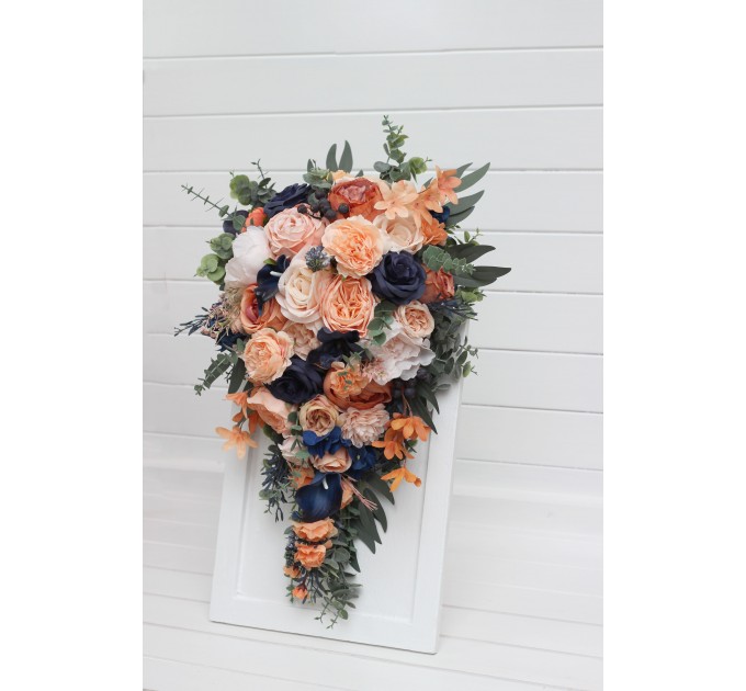 Peach & Navy Blue Cascading Bridal Bouquet – Elegant Faux Florals for Weddings