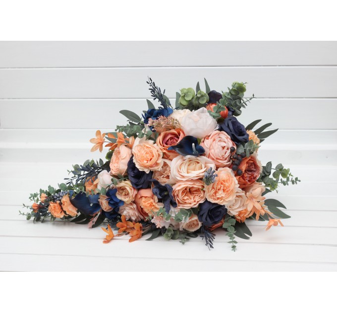 Peach & Navy Blue Cascading Bridal Bouquet – Elegant Faux Florals for Weddings