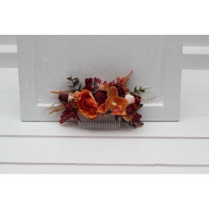Flower comb in burnt orange red burgundy  color scheme. Wedding accessories for hair. Bridal flower comb. 5103