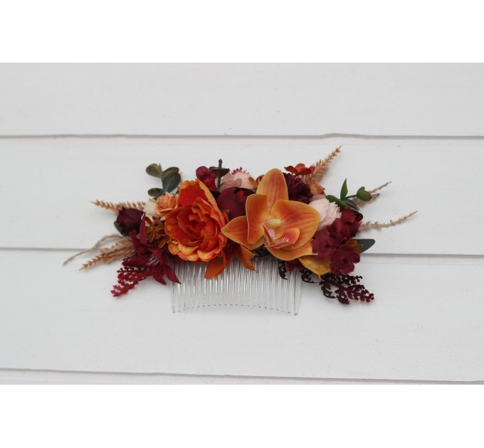 Burnt Orange, Red & Burgundy Flower Comb – Bold Faux Bridal Hair Accessory