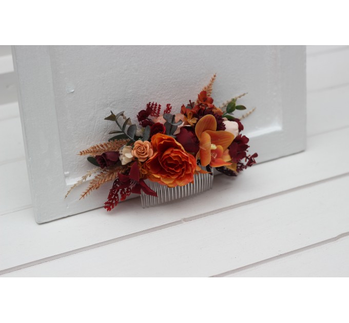 Burnt Orange, Red & Burgundy Flower Comb – Bold Faux Bridal Hair Accessory