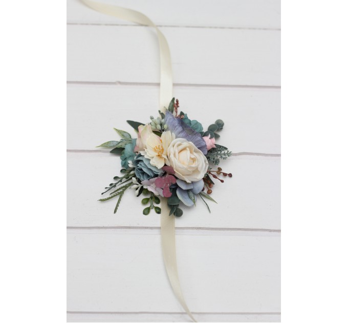 Wedding Boutonnieres & Wrist Corsage in Dusty Blue, Blush Pink & Yellow | Wildflower Faux Flower Accessories