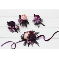  Wedding boutonnieres and wrist corsage  in purple fuchsia candy pink and black color scheme. Flower accessories. 5228