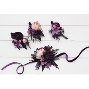  Wedding boutonnieres and wrist corsage  in purple fuchsia candy pink and black color scheme. Flower accessories. 5228