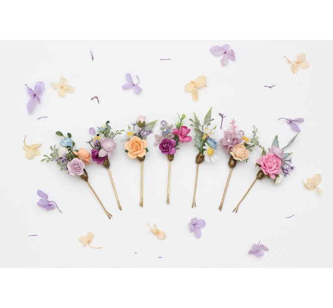 Set of 7 Colorful Flower Hair Pins | Peach, Lilac, Pink, Dusty Blue Wildflowers | Bridesmaid Gift