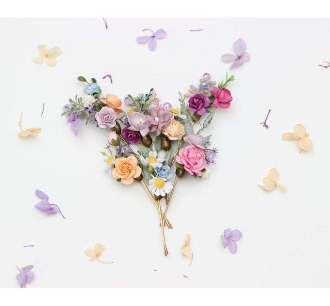 Set of 7 Colorful Flower Hair Pins | Peach, Lilac, Pink, Dusty Blue Wildflowers | Bridesmaid Gift