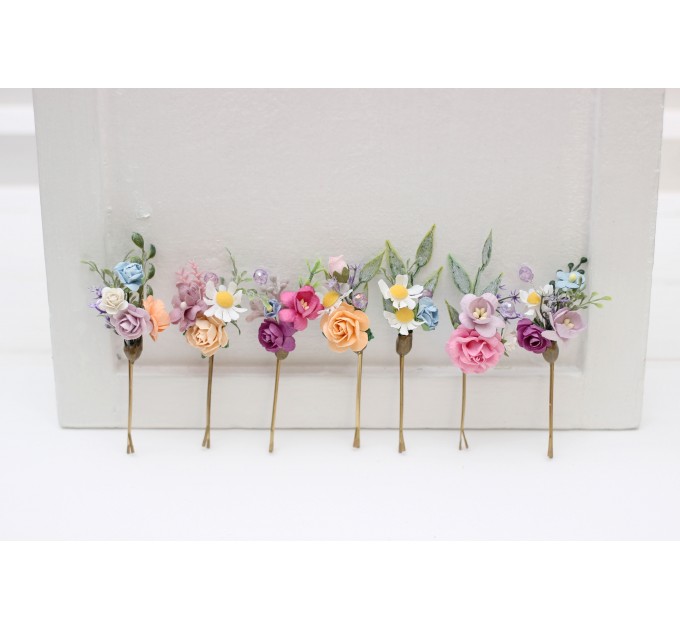 Set of 7 Colorful Flower Hair Pins | Peach, Lilac, Pink, Dusty Blue Wildflowers | Bridesmaid Gift