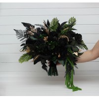 Moody forest green black gold bridal bouquet. Faux dark flowers  for Halloween or Gothic wedding. 5333