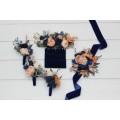 Peach & Navy Blue Wedding Boutonnieres and Wrist Corsages – Sophisticated Faux Flower Accessories