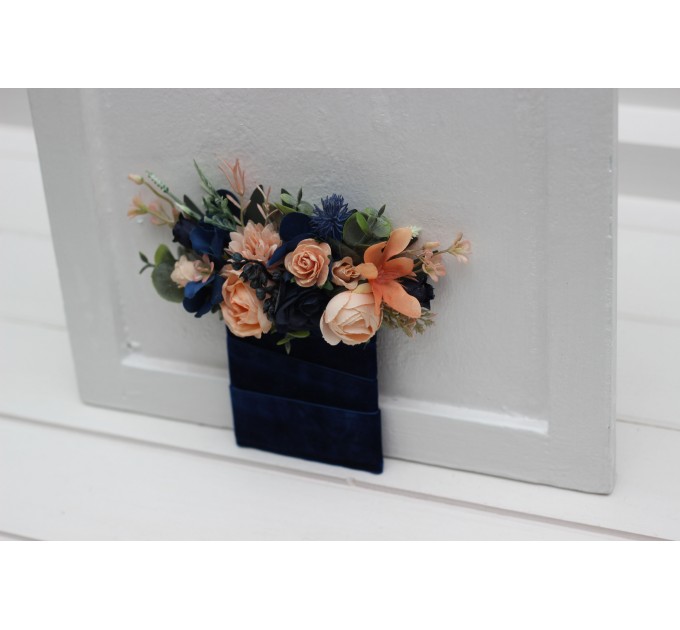 Peach & Navy Blue Wedding Boutonnieres and Wrist Corsages – Sophisticated Faux Flower Accessories