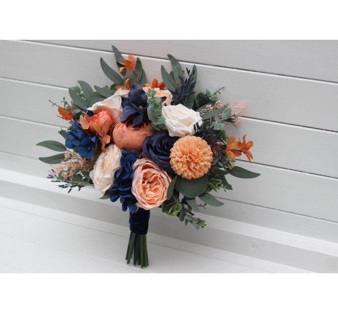 Peach & Navy Blue Cascading Bridal Bouquet – Elegant Faux Florals for Weddings