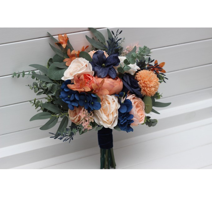 Peach & Navy Blue Cascading Bridal Bouquet – Elegant Faux Florals for Weddings
