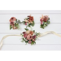  Wedding boutonnieres and wrist corsage  in dusty rose oliva beige brown color scheme. Flower accessories. 5409
