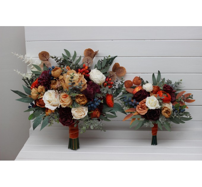 Rust, Burgundy & Ivory Wedding Bouquets – Faux Floral Elegance for Bride and Bridesmaids