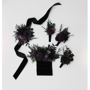 Regular boutonnieres, pocket boutonniere and wrist corsage  in deep purple royal purple black and dark green color scheme for Gothic wedding. Flower accessories. 5411