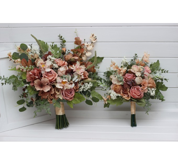 Dusty Rose, Olive, Beige & Brown Bridal Bouquet – Elegant Faux Blooms for Bride and Bridesmaids
