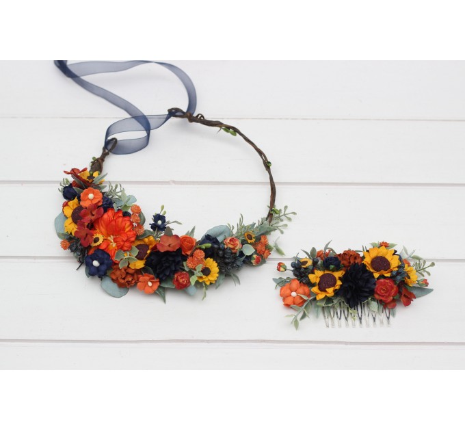 Burnt Orange, Rust & Navy Blue Flower Comb – Faux Hair Accessory for Bride and Bridesmaids