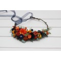 Burnt Orange, Rust & Navy Blue Flower Crown with Sunflowers – Faux Hair Wreath for Weddings and Flower Girls