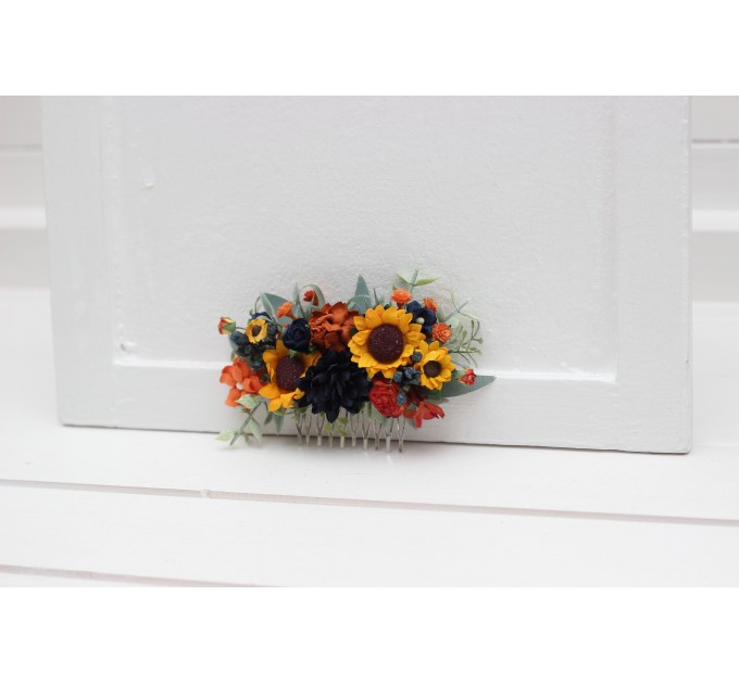 Burnt Orange, Rust & Navy Blue Flower Comb – Faux Hair Accessory for Bride and Bridesmaids