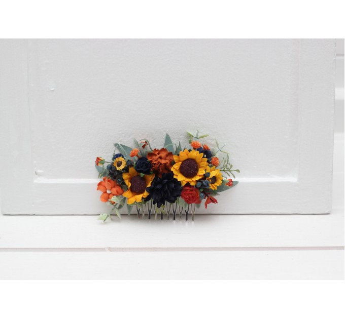 Burnt Orange, Rust & Navy Blue Flower Comb – Faux Hair Accessory for Bride and Bridesmaids