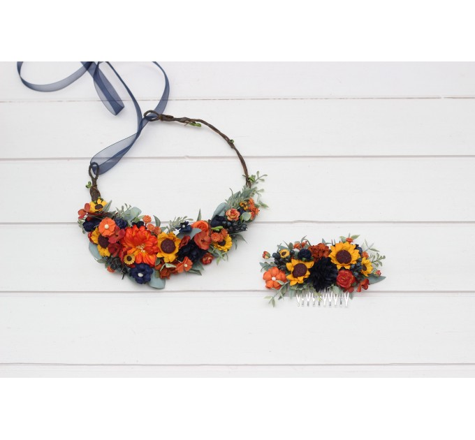Burnt Orange, Rust & Navy Blue Flower Crown with Sunflowers – Faux Hair Wreath for Weddings and Flower Girls
