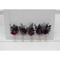  Set of  5 hair pins in black, purple, and magenta color scheme. Flower hair pins. Hair accessories. Flower accessories for wedding.  Bridesmaid gift.  5370