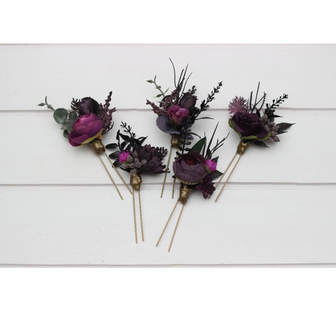 Set of 5 Black, Purple & Magenta Flower Hair Pins – Bold Wedding Hair Accessories & Bridesmaid Gifts