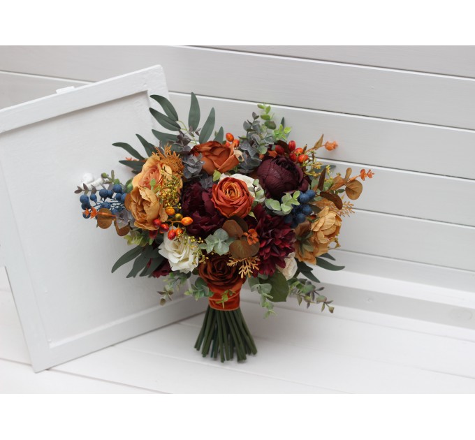 Rust, Burgundy & Ivory Wedding Bouquets – Faux Floral Elegance for Bride and Bridesmaids